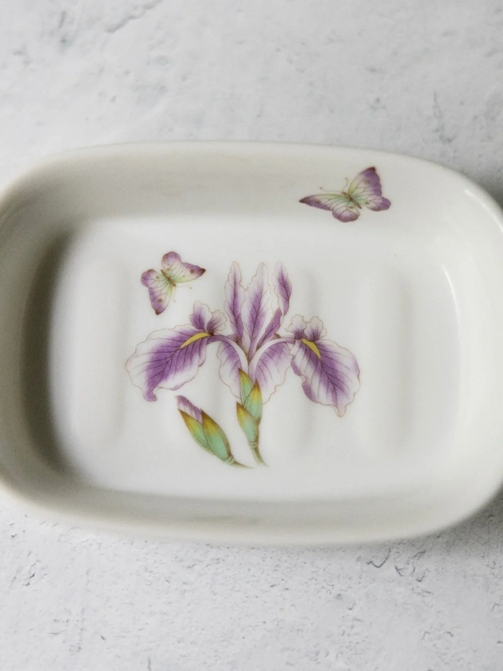 Vintage Takahashi Medley Japanese purple iris butterfly ceramic soap dish
